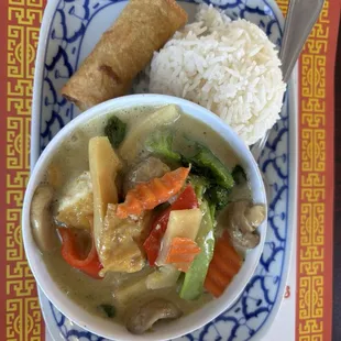 Green curry with tofu, white rice, and spring roll