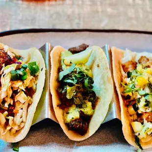 Hot Chicken Taco,Cilantro-Lime Steak Taco, Chile Mole Shrimp Taco