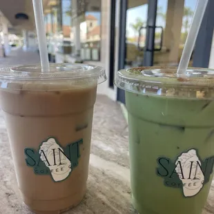 Latte and matcha - both sweetened with agave.