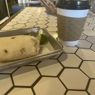 The bacon burrito and the medium sized latte with lavender flavoring.