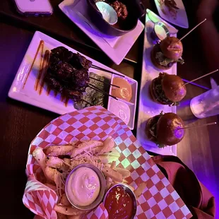 Saint Felix&apos;s Infamous Fries, Malaysian Style Steak Skewers, American Wagyu Beef Slider Trio