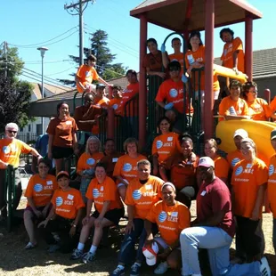 AT&amp;T volunteers taking a breaking from doing room renovations