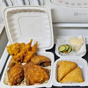 Fried chicken, chow fun, shrimp &amp; vegetable tempura, cone sushi, mac salad and namasu