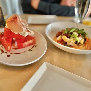 Prosciutto &amp; melon (left) / crispy pork belly &amp; rock shrimp tostada (right)
