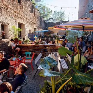 Saint Paul Brewing's colorful patio and beer garden, literally a garden!