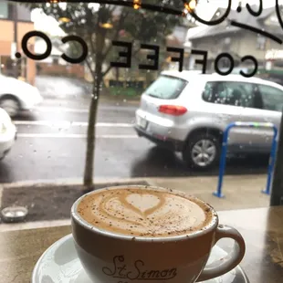 Mocha latte and watching the rain. Smooth and delicious coffee.
