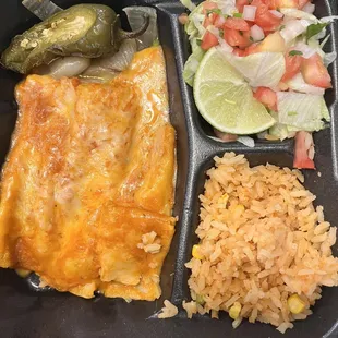 Cheese enchiladas! Sweet grilled onions, lime side salad, fluffy rice, and refries. Yum! Authentic