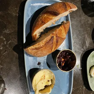 Bread service with butter and jam