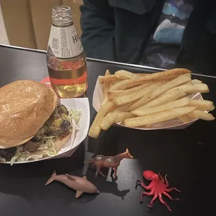 Monday special for service industry workers. Black garlic burger, fries, beer and a shot (not shown) $20.