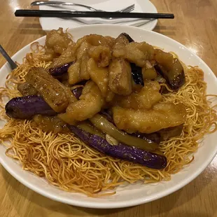 Fish and eggplant chow mein