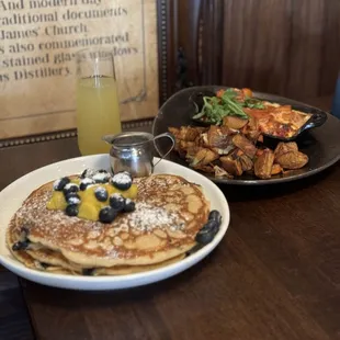 Blueberry pancakes with lemon curd and Sausage frittata with potatoes