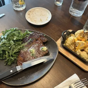 Rib eye and side of baked cauliflower and cheese. Needed a little more cheese.