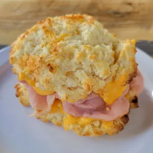 GARLIC CHEDDAR DROP BISCUIT SANDWICH - Cream Cheese, Melted Cheddar, Thinly Sliced Ham - Absolutely delicioussss!