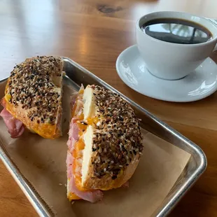 Bagel sandwich - fresh bagel, cream cheese, melted cheese and ham. Decedent and delicious!