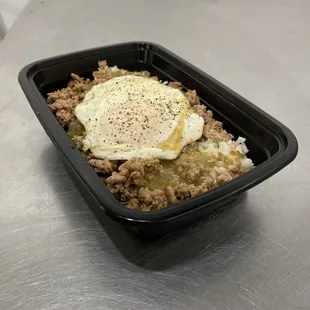 MocoLoco! Your choice of ground turkey, chicken or ground beef with Chile Verde sauce an over easy egg on top a bed of rice