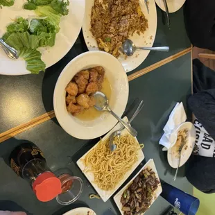 Fried rice, lemon chicken, Mongolian beef, and garlic noodles.