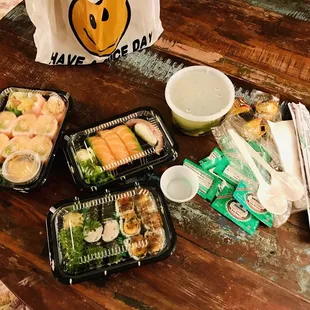 a variety of food items on a table