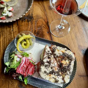 Croque Monsieur, perigord truffle, pain de mie, French bistro ham, mornay, comté, dijon, pickles, side garden salad