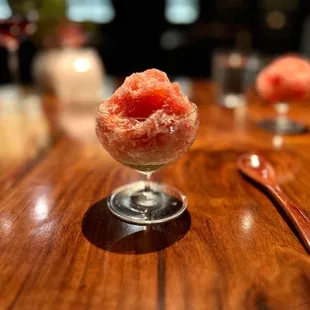 Strawberry shaved ice and cucumber sorbet