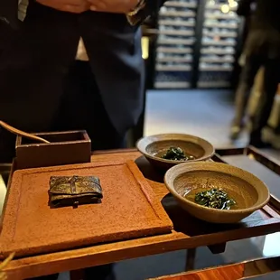Caviar with spinach and leek soup