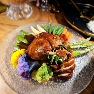 Duck With Red Wine Gravy. Pretty dish. Would prefer more flavored vegetables but a good gravy