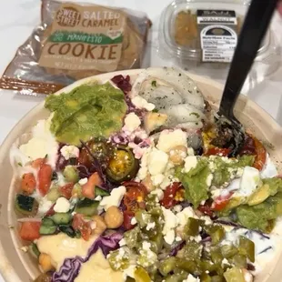 Beef Shawarma Bowl, Baklava &amp; Chocolate Chip Cookie (IG @jazzfoodie)