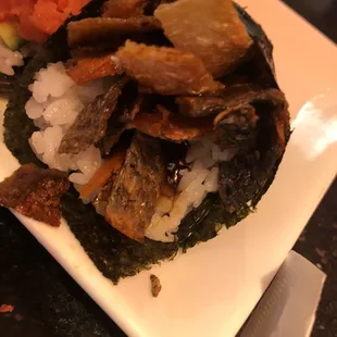Crispy salmon skin hand roll