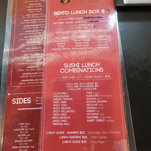the menu for the sushi lunch box