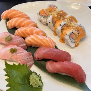 Blue fin tuna, tuna, salmon, spicy tuna roll