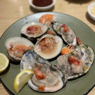 My raw plate. Oysters and clams.