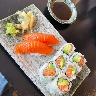 Salmon nigiri, salmon avocado roll