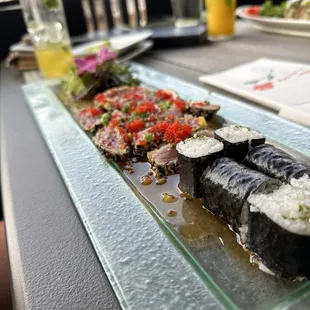 a sushi platter on a table