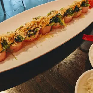 Pink mountain roll and shrimp coconut curry soup and rice...so good