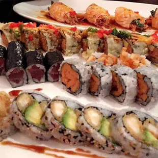 Salmon Trio, BMW, Tekka Maki, Sweet potato tempura, Shrimp tempura