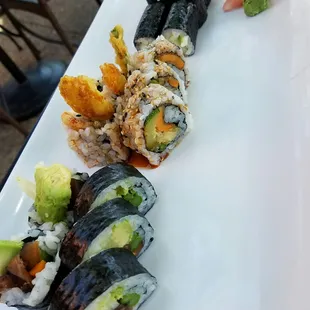 Vehetable roll. Sweet potato tempura roll. Cucumber roll.