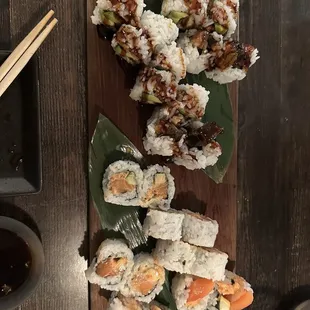 Unagi roll and spicy salmon roll