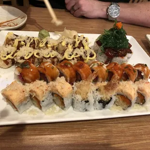 Super crunchy roll, king snake roll, awesome roll, and Christmas tree roll