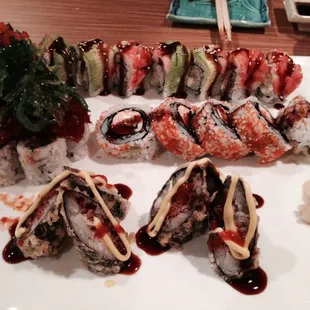Christmas Tree Roll, Tiger Eye, volcano and Dinosaur roll. Yum