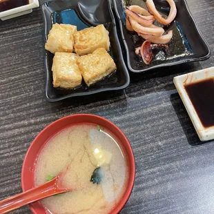 miso soup, age tofu, bbq squid