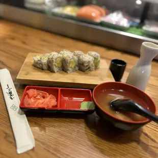 Avocado Roll, Miso Soup, and Sake.