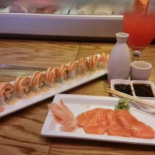 Salmon Delight roll, Salmon Sashimi, Maitai, and Hot Sake.