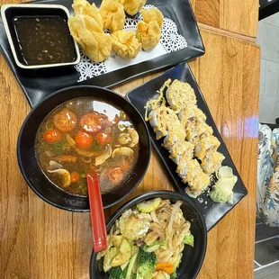 Krab Rangoon, Tom Yum soup (side), Yaki Udon (side), Spicy Tuna Roll &amp; Crazy Crunchy Roll