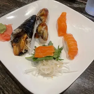 Eel Hand Roll, Salmon Sashimi, Salmon Nigiri, Eel Nigiri