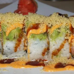 Mr. Supreme Sushi Roll - Shrimp Temp., Snow Crab; Avocado, Spicy Mayo, Sushi Sauce &amp; Temp Flakes