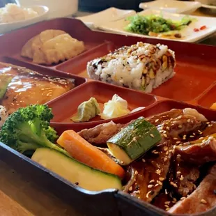 Dinner Bento Box with Baked Salmon and Beef Teriyaki.