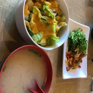 Salad, Miso Soup, sushi salad.