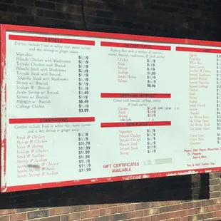 the price list of the restaurant