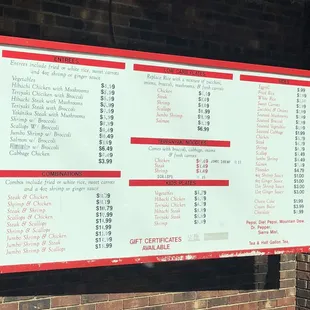 the price list of the restaurant