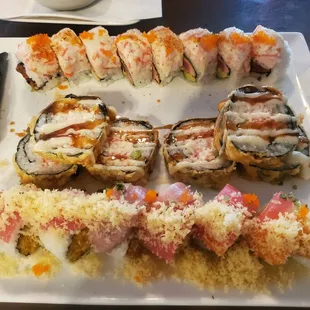 Top to Bottom: Spicy Girl roll, Mandeville roll &amp; Hometown roll.