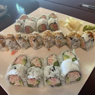 Front to back: snow crab roll, rock-n-roll, spicy tuna roll
